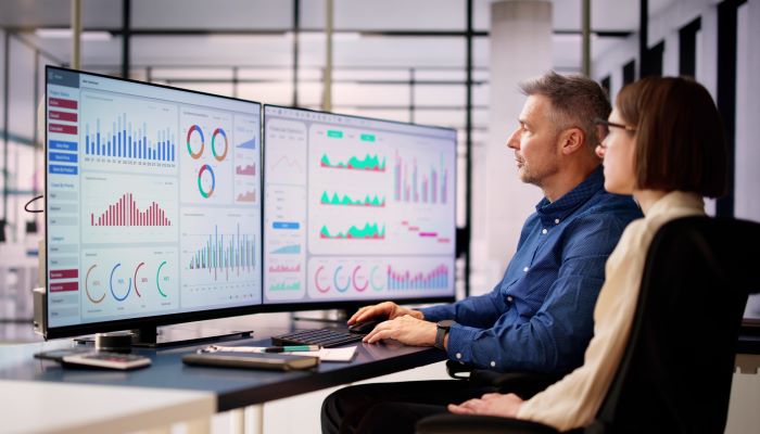 Two people looking at data on computer screen